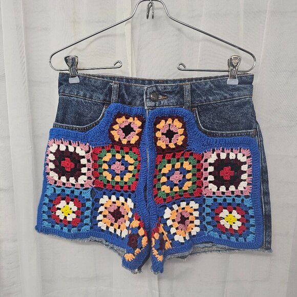 FARM Rio Pants - NWOT Farm Rio Denim Crochet Knit Granny Square Shorts Boho Patchwork 28